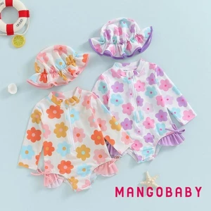 Mg-baby Girl Rash Guard Đồ Bơi Mùa Hè In Hoa Dây Kéo Đồ Bơi Và Mũ Chống Nắng Bộ Đồ Tắm Tập Đi Biển