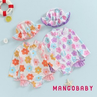 Mg-baby Girl Rash Guard Đồ Bơi Mùa Hè In Hoa Dây Kéo Đồ Bơi Và Mũ Chống Nắng Bộ Đồ Tắm Tập Đi Biển