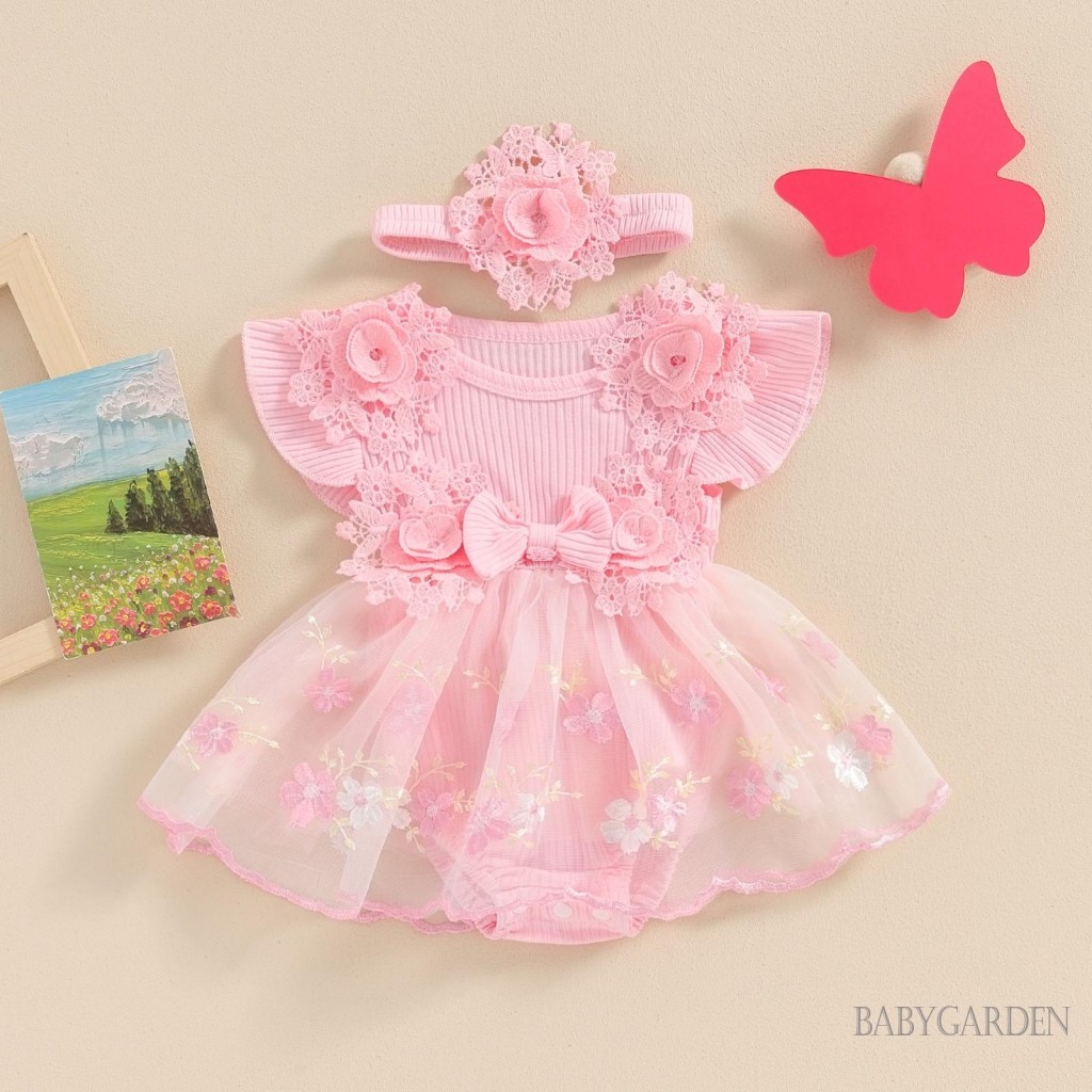 Baga-infant Bé Gái Trang Phục Mùa Hè Tay Bay Thêu Hoa Áo Liền Quần Có Băng Đô