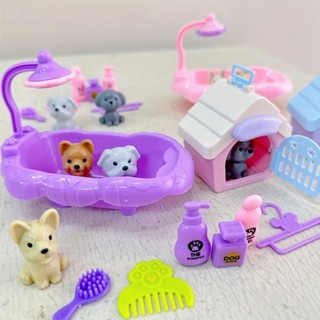 CLEARLINE Bộ đồ chơi giả vờ nuôi chó, thú cưng mini dễ thương, lồng chó kèm búp bê giác quan