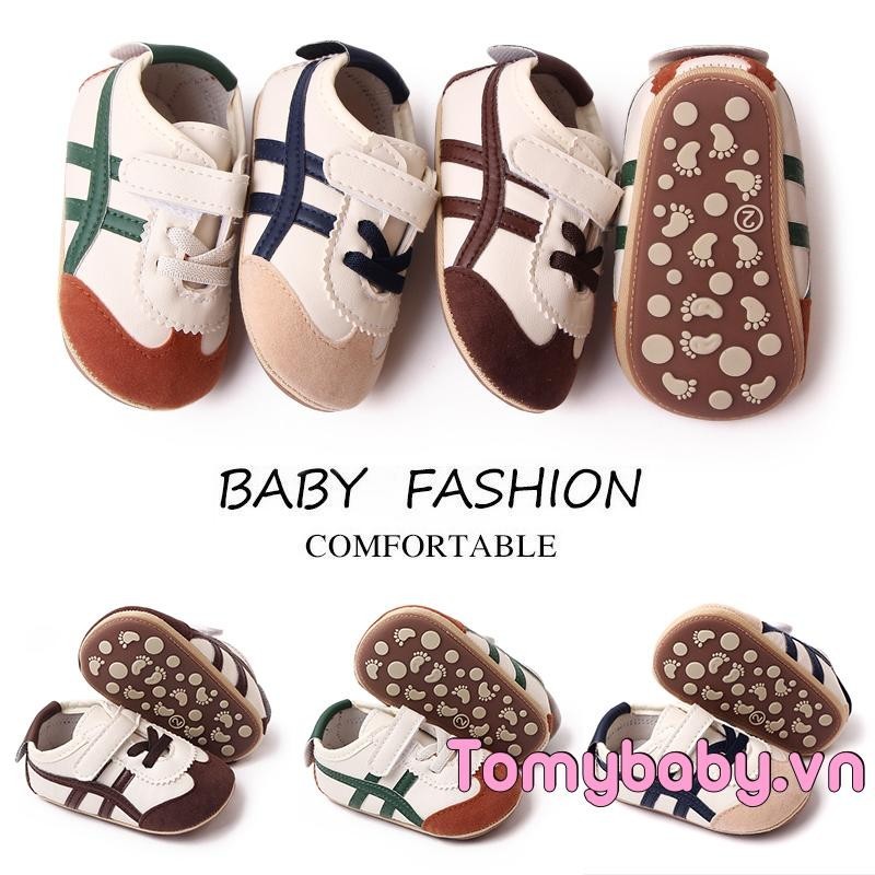 Bé Moccasins Giày Thể Thao Màu Sắc Tương Phản Sọc Da PU Chống Trơn Trượt Đế Prewalker Giày Tập Đi Đầu Tiên Cho Bé Trai Bé Gái