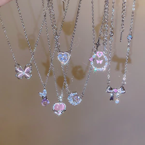Vòng cổ mặt dây chuyền Zircon tình yêu màu hồng cho bé gái Phụ kiện trang sức thời trang phong cách Hàn Quốc