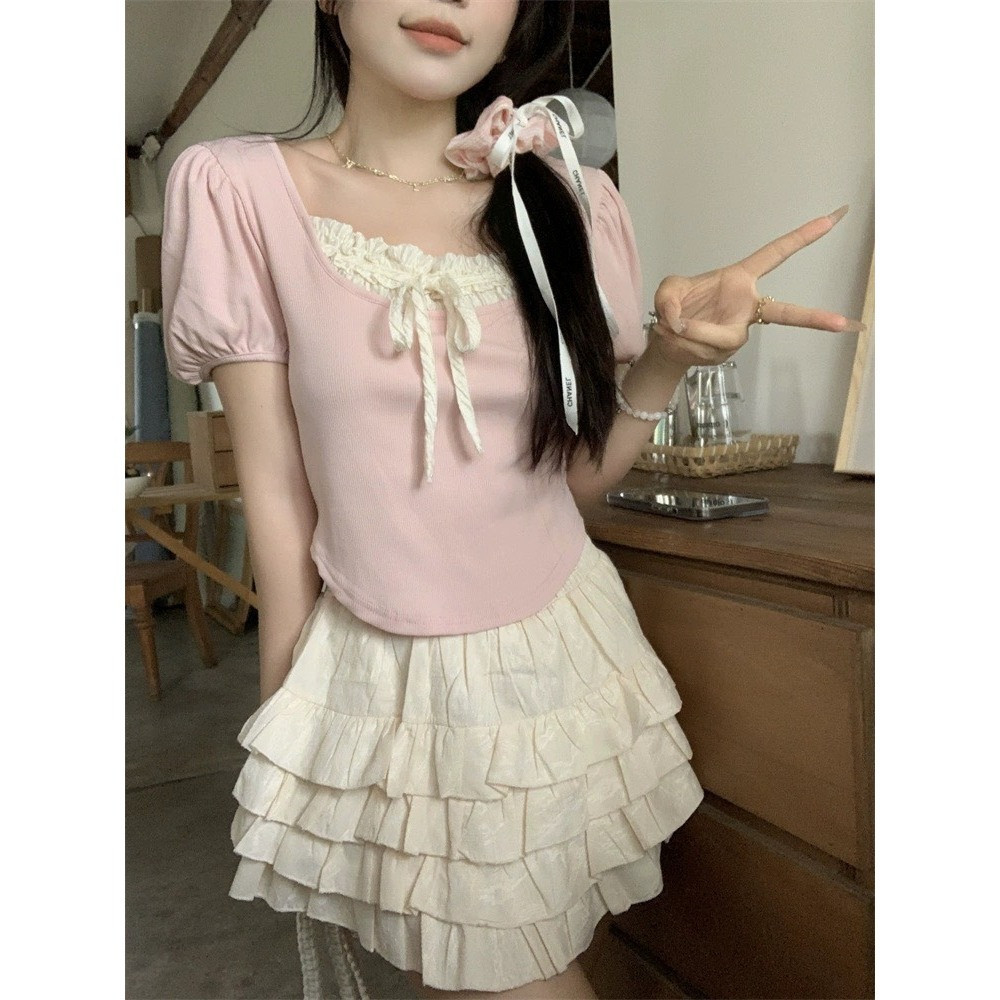 Áo thun nữ coquette dáng ngắn croptop phong cách brandy cộc tay cổ tròn đính nơ chất cotton mềm tiểu thư hàn quốc LADY