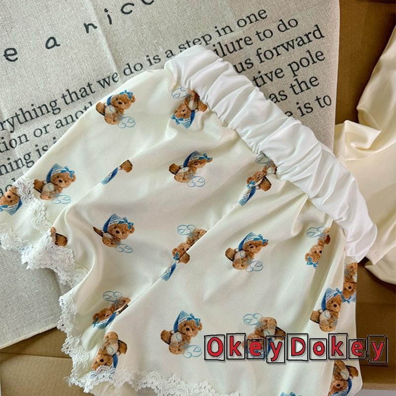 Okdk-áo ren in hình gấu mùa hè dành cho nữ với quần short lưng co giãn