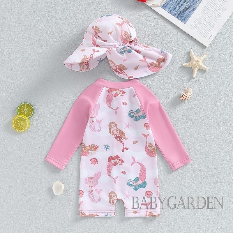 Baga-3tháng-3year Bé Gái Bộ Đồ Tắm Biển In Hình Vỏ Dài Tay Rash Guard Đồ Bơi Vành Rộng Mũ Chống Nắng Trẻ Sơ Sinh Tập Đi Đi Biển