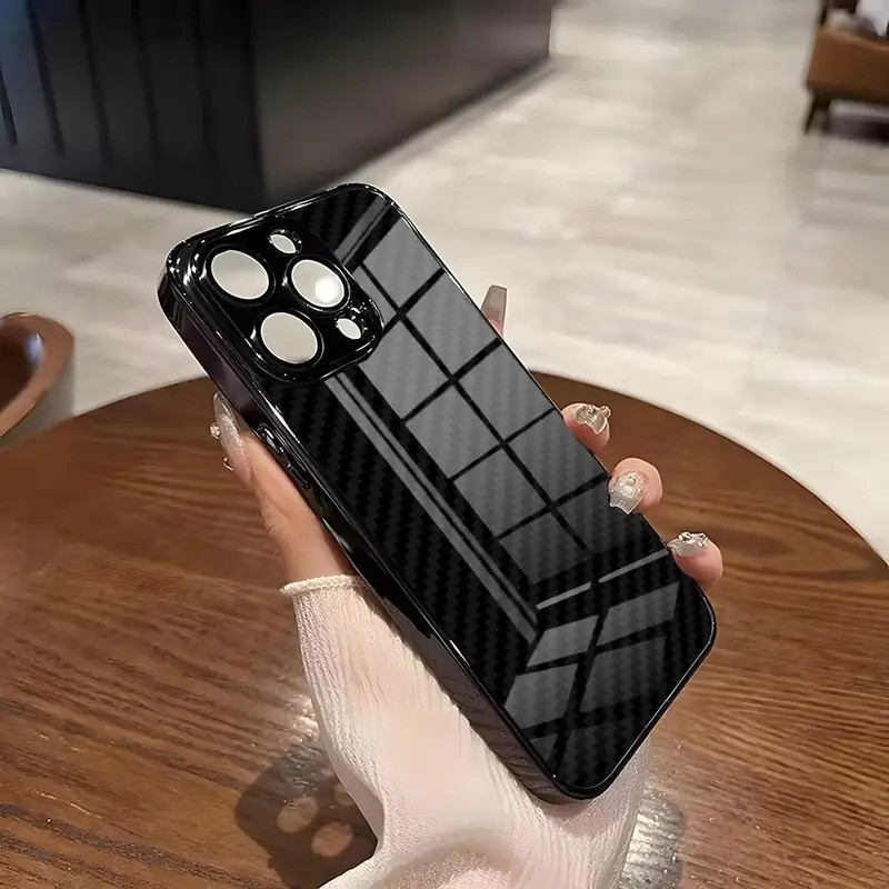 Ốp Điện Thoại Họa Tiết Sợi Carbon BK-1 Cho IPhone 16 17,15 14 Pro 11 13 12 Mini XS XR Max 6 8 7 Plus SE Glass Luxury Cove