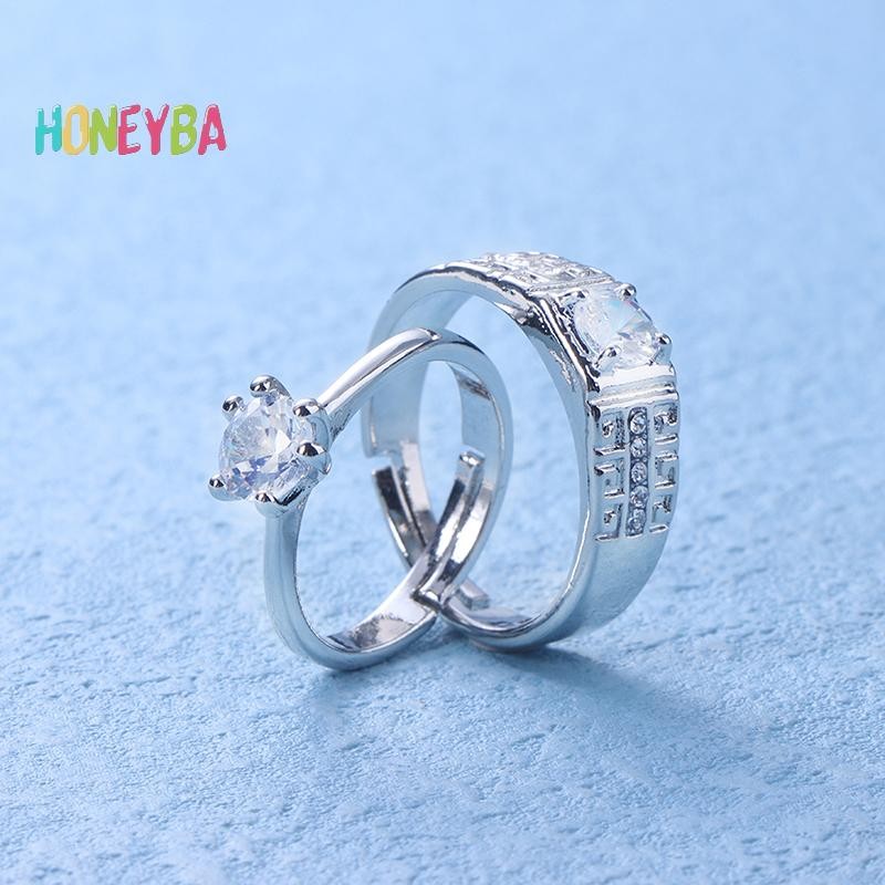 < Honeyba > 1 Cặp Đôi Cổ Điển Có Thể Thay Đổi Kích Thước Nhẫn Đính Hôn Nam Nữ Kim Cương Giả Có Thể Điều Chỉnh Quà Tặng Lễ Tình Nhân