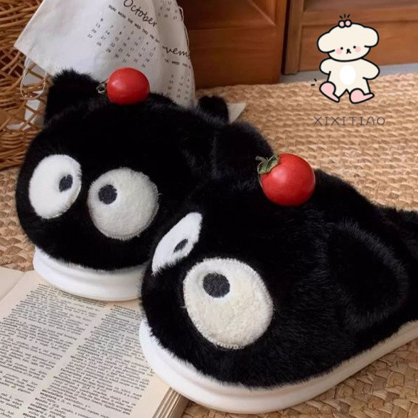 Xixitiao Giày Cotton Xấu Xí Dễ Thương Mắt To Nhỏ Mèo Đen Nữ Lông Cừu Ấm Nhà Nửa Gót Đế Mềm Lông