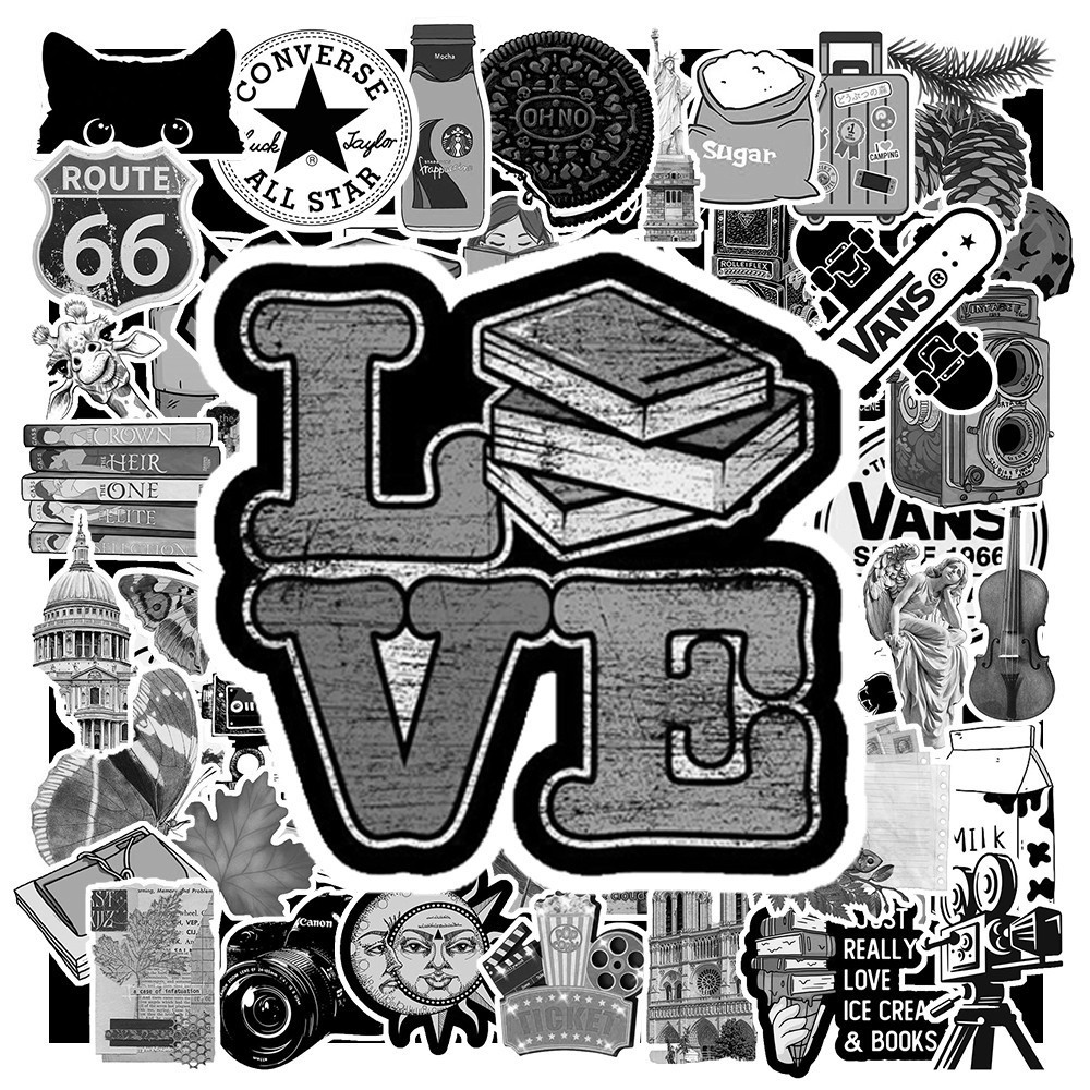 Hộp 50 Sticker Hình VINTAGE TRẮNG ĐEN Decal Phản Quang 7 Màu Halogram Chống Nước NSX Gì Cũng In | MS: 000184