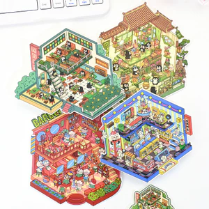 Enwei 3 Cái Bắt chước Boss Series Dễ Thương 2.5D Phong Cảnh Dán Cho Bé Gái Tạp Chí Vật Liệu PET Người Lập Kế Hoạch Trang Trí DIY Sổ Lưu Niệm Vật Dụng