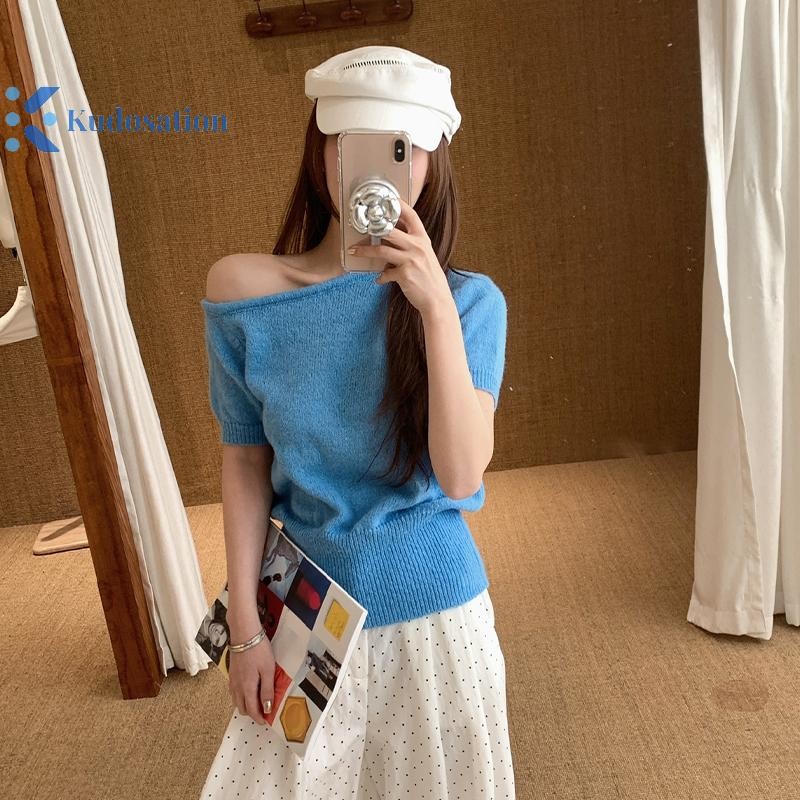 Kudosation Áo ngắn tay lệch vai Áo nữ mùa hè Áo thun chắc chắn phù hợp Áo thun đẹp