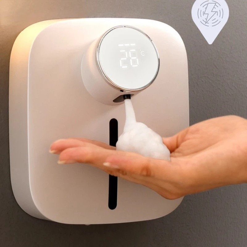 Hộp đựng xà phòng nóng Tự động treo tường có thể sạc lại Hiển thị nhiệt độ Hộp đựng xà phòng xốp lỏng Máy khử trùng tay