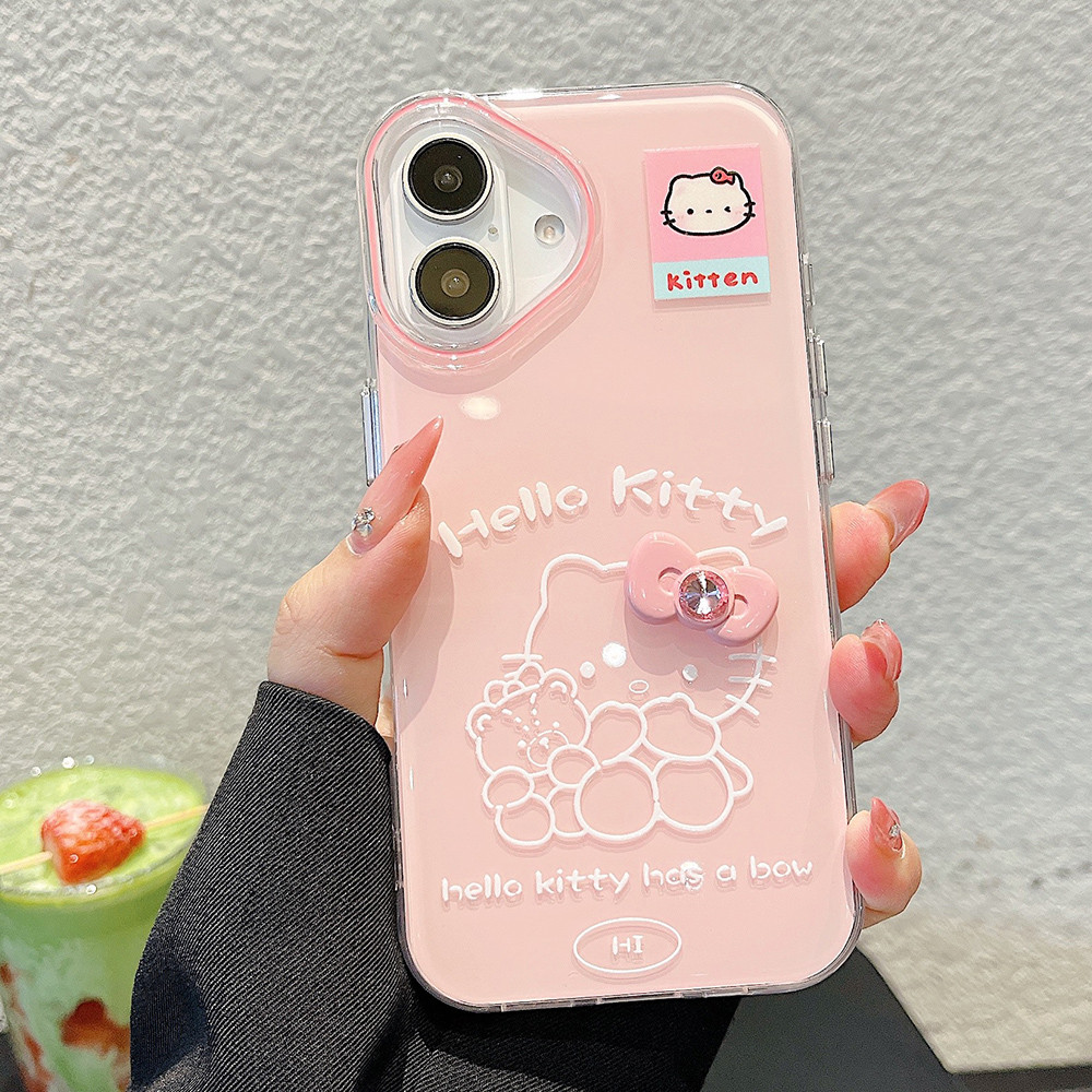Ốp Điện Thoại Acrylic Nơ Màu Hồng Cat Cho iPhone 17 Pro Max 16 Plus 15 14 13 Pro Max Thạch Chống Sốc IMD Bảo Vệ Vỏ