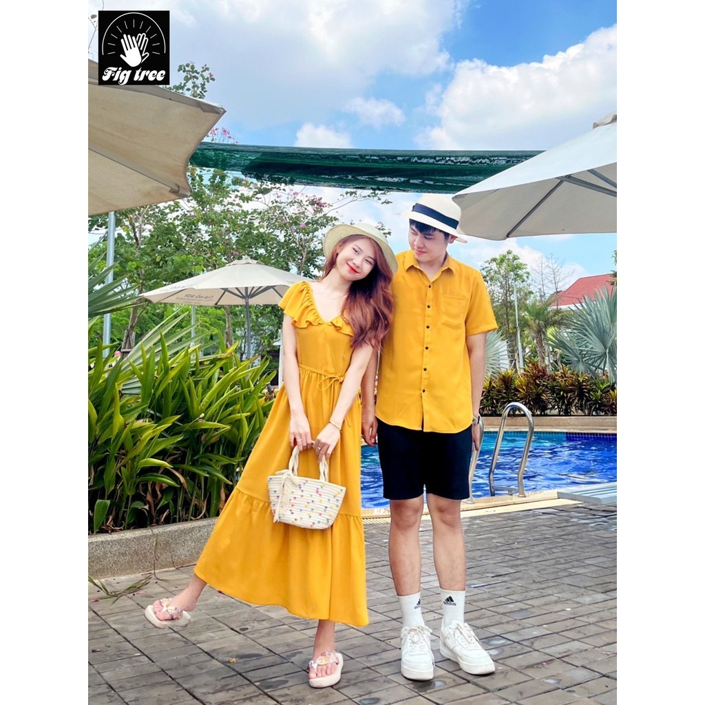 Đồ Đôi - Áo Váy Đôi Fig Tree Màu Vàng Đũi Trơn Cao Cấp Tươi Sáng Hot New (Hàng thiết kế full size)