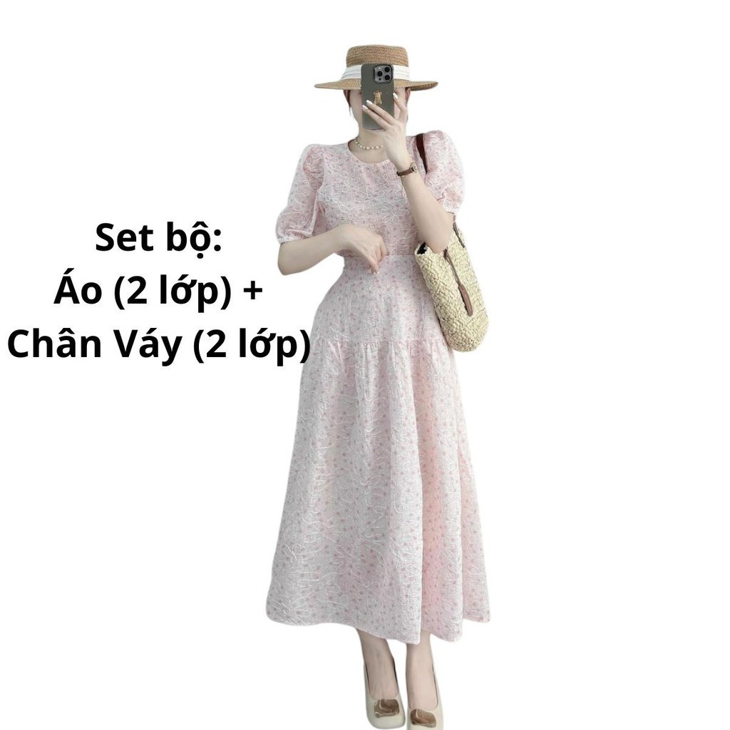 Set bộ chân váy và áo hàng hai lớp đi làm đi chơi du lịch biển chất tơ nổi nhẹ mát SET42