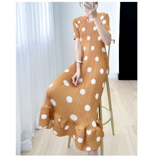 Miyake Mùa Hè Phong Cách Mới Nữ Chấm Bi Đầm Hẹp Cổ Chữ v Slim-Fit Cao Cấp Sli