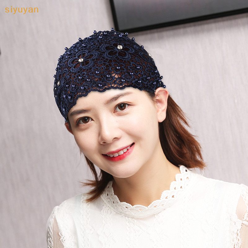 Siyuyan Nữ Ren Hoa Headwrap Ngọc Trai Nhúng Ren Hoa Kerchief Ren s Dành Cho Nữ Lưới Đàn Hồi Cao Headwrap Xuân Hè Thanh Lịch Phụ Kiện Tóc VN