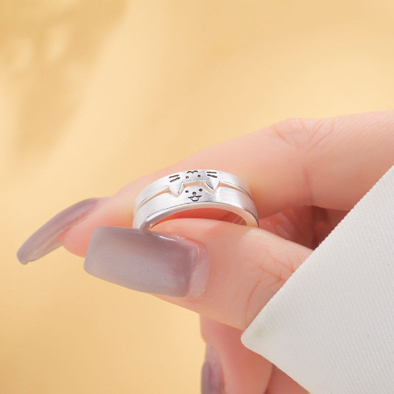 S925 Bạc Mèo Con Và Chó Con Cặp Đôi Nhẫn Hoạt Hình Dễ Thương Nam Nữ Cặp Đôi Bộ Nhẫn