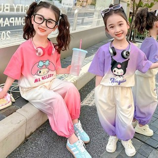 Trang phục phong cách Hàn Quốc mùa hè của bé gái Kuromi Melody 2024: Bộ áo ngắn tay và quần thường ngày có khóa màu hợp thời trang
