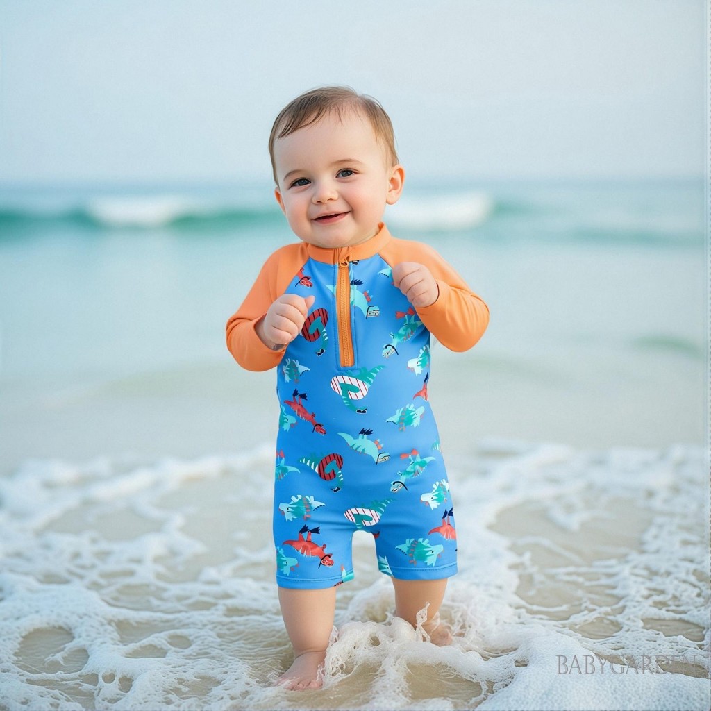 / / -6M-4Y Baby Boy Rash Guard Đồ bơi in hình khủng Long dài tay Mock Cổ Zip Bộ đồ tắm