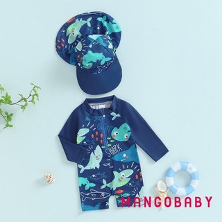 Mg-toddler Boy Rash Guard Đồ bơi có mũ 2 chiếc Bộ cá họa tiết cá mập có khóa kéo dài tay cổ tròn cho bé trai Đồ bơi