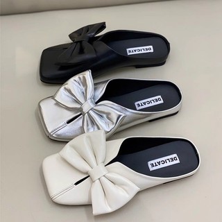 Nửa Dép Lười Mùa Hè 2025 Baotou Da Nhỏ Phong Cách Anh Nữ Sandal Nơ Thắt Lưng Slip-On Mary Jane