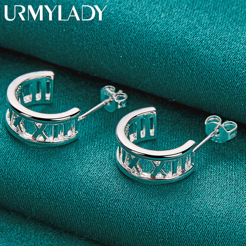 URMYLADY Bạc 925 Hình Bán Nguyệt La Mã Số Bông Tai Dành Cho Nữ Thời Trang Charm Stud Trang Sức