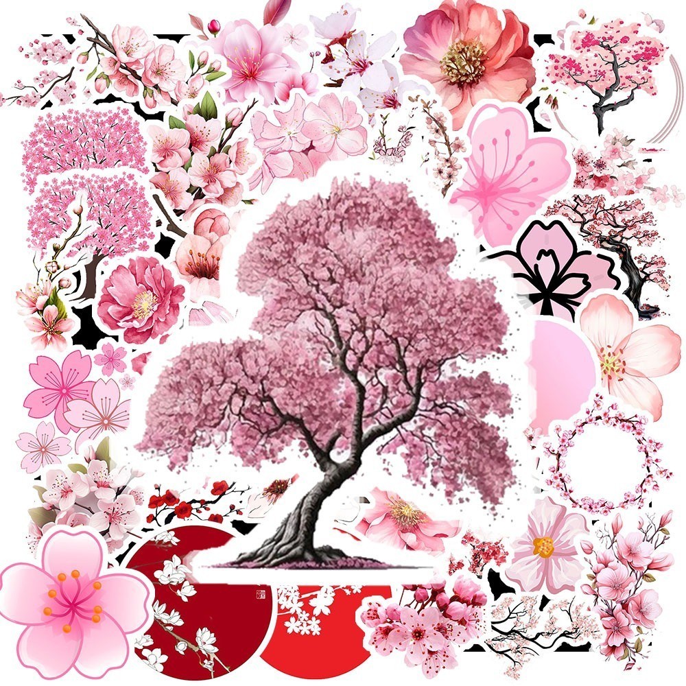 Hộp 50 Sticker Hình HOA ANH ĐÀO Decal Trang Trí Xe, Điện Thoại, Laptop, Nón Bảo Hiểm Chống Nước NSX Gì Cũng In