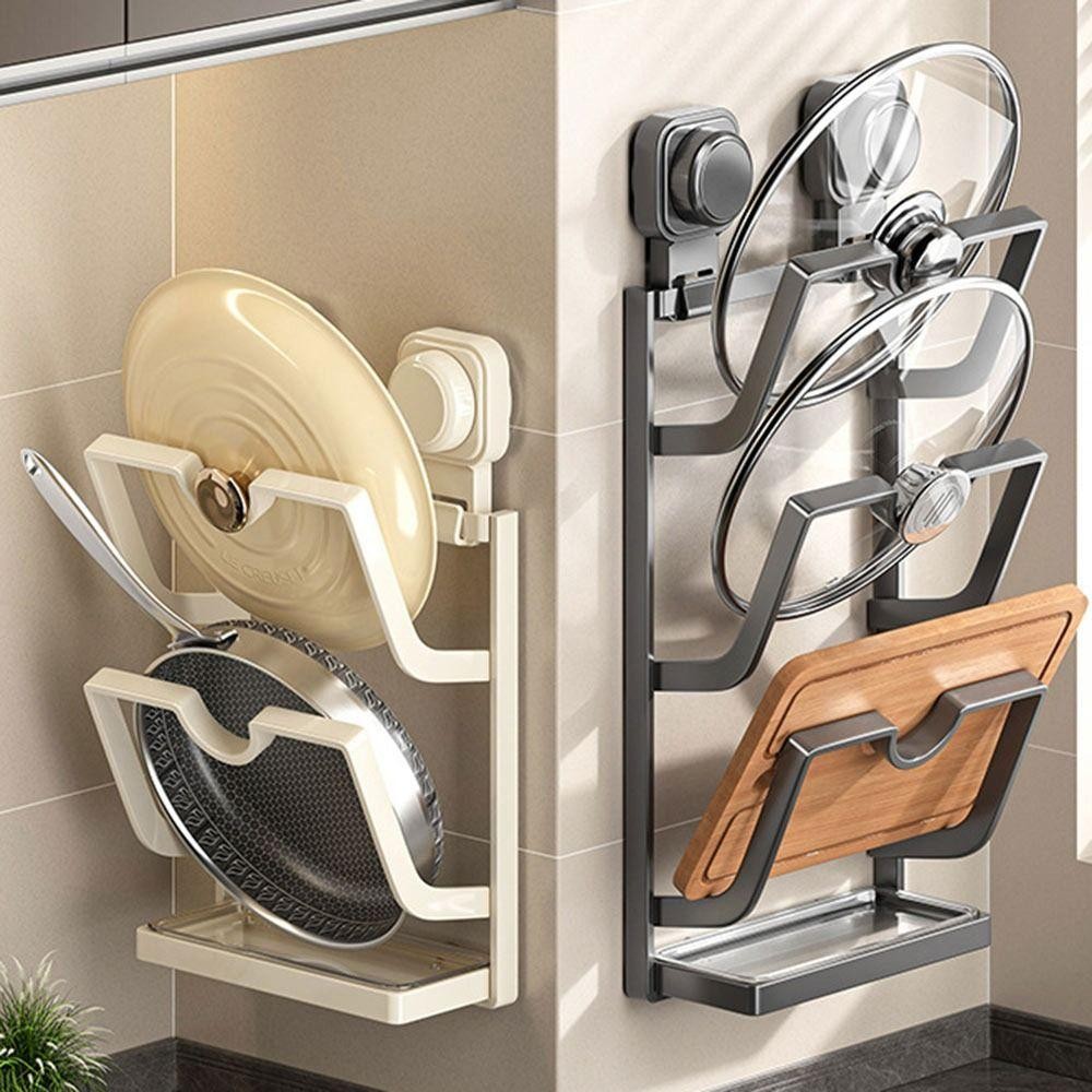 Giá đỡ nắp nồi hút YMIFI, Kệ treo tường Giá đựng nắp nồi không đục lỗ, Giá đựng đồ nhà bếp đa chức năng nhiều lớp bền bỉ cho nhà bếp