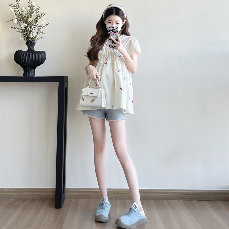 Trang phục bà bầu mùa hè Mới đầy màu sắc thêu nơ áo sơ mi bé tay ngắn