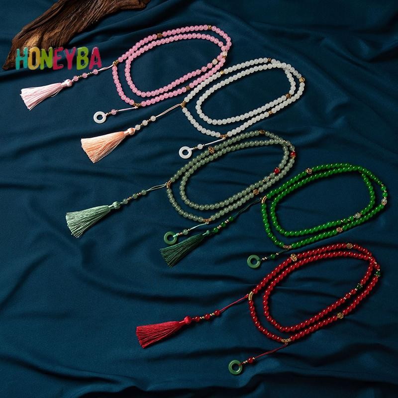 < Honeyba > Vòng cổ hạt xanh dài phong cách Trung Quốc Phật giáo Thiền pha lê xanh Vòng cổ dài sel Chokers Trang sức Quà tặng