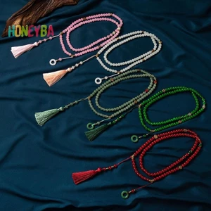 < Honeyba > Vòng cổ hạt xanh dài phong cách Trung Quốc Phật giáo Thiền pha lê xanh Vòng cổ dài sel Chokers Trang sức Quà tặng