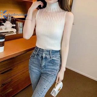 Kudosation Mùa Hè Hàn Quốc Nửa Cổ Rùa Rỗng Dệt Kim Áo Vest Nữ Màu Trơn Không Tay Slim Tank Top Đẹp