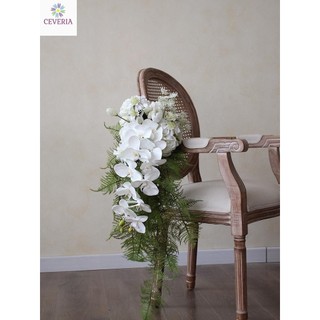 Bó hoa cưới cầm tay cô dâu từ thác đổ dáng dài phối hoa lan, dương xỉ, hồi hương và tulip nhân tạo CEVERIA