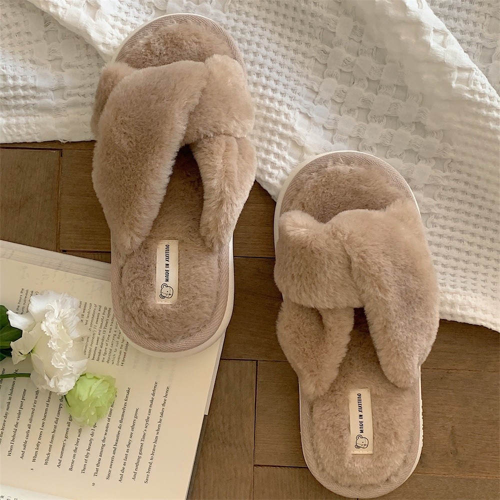 Xixitiao Dép Cotton Thời Trang PPR Đơn Giản Chữ Thập Màu Trơn Một Từ Nữ Thu Đông Giải Trí Nhà Trong Nhà Ấm Sang Trọng
