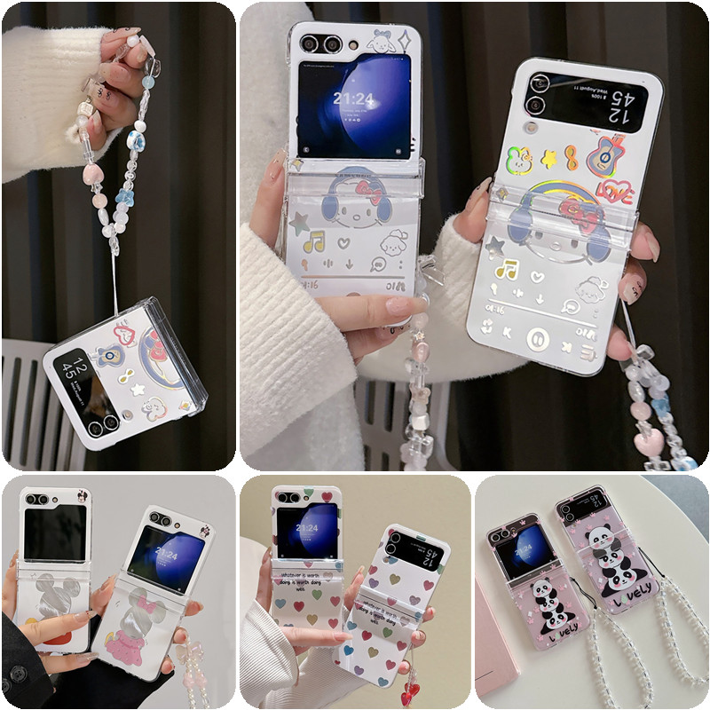 Giấy Laser Rock Nhạc Hello Kitty Vòng Tay Mèo Dây Đeo Tay Dây Xích Cứng Acrylic Vỏ Điện Thoại Cho Samsung Galaxy Z Flip 5 Flip 4 Flip 3 Ốp Lưng Chống Sốc