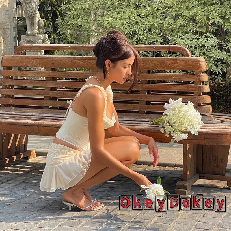 Okdk-nữ Crop Corset Camisole Thường Ngày Mùa Hè Màu Sắc Tương Phản Lưng Ruffle Spaghetti Dây Đeo Áo Bể