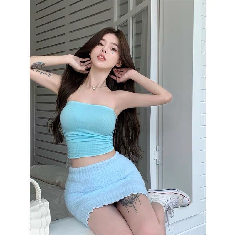 Xuân Thu Màu Xanh Nguyên Chất Desire Gợi Cảm Slim Tube Top Váy Bộ Váy hông Hai Mảnh