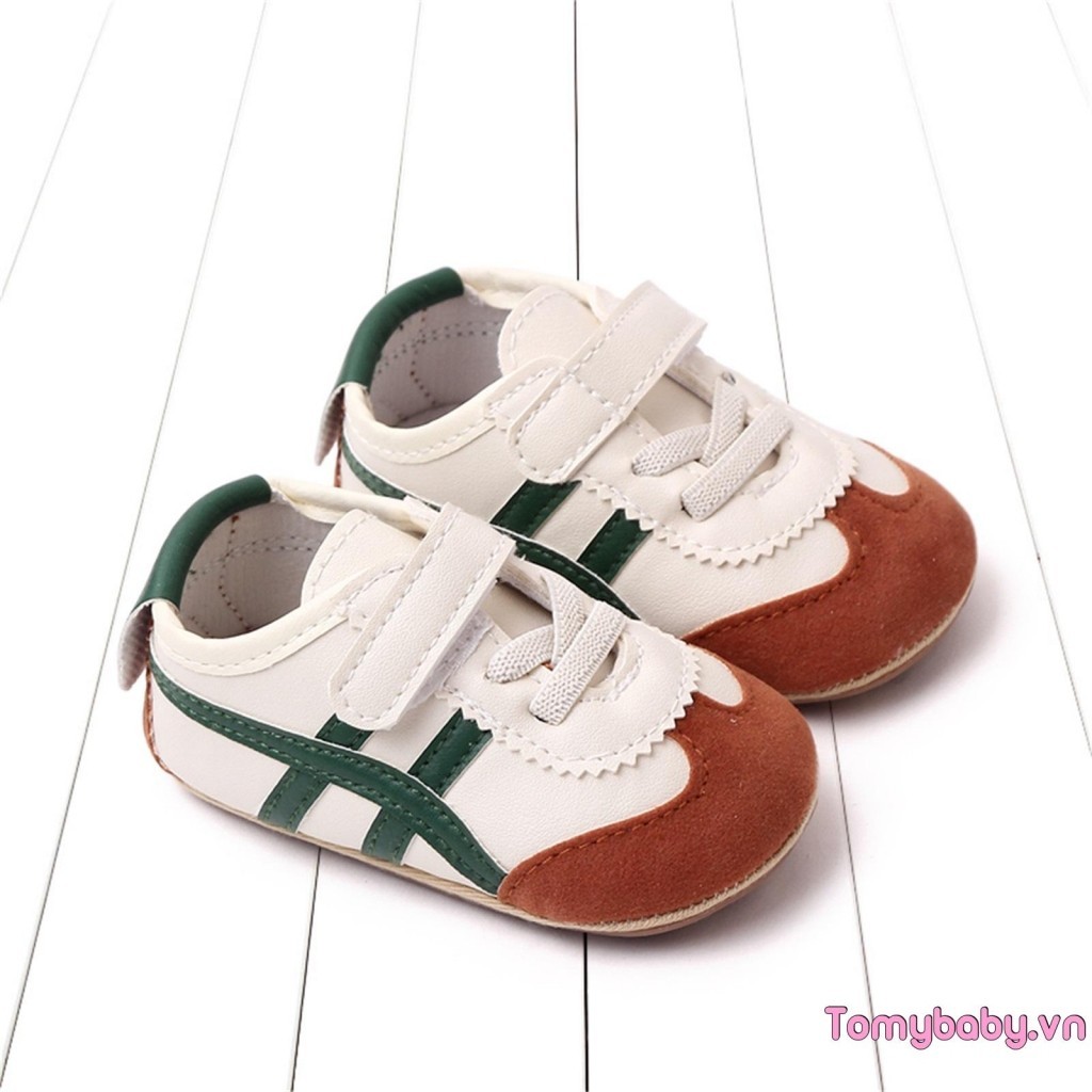 Bé Moccasins Giày Thể Thao Màu Sắc Tương Phản Sọc Da PU Chống Trơn Trượt Đế Prewalker Giày Tập Đi Đầu Tiên Cho Bé Trai Bé Gái
