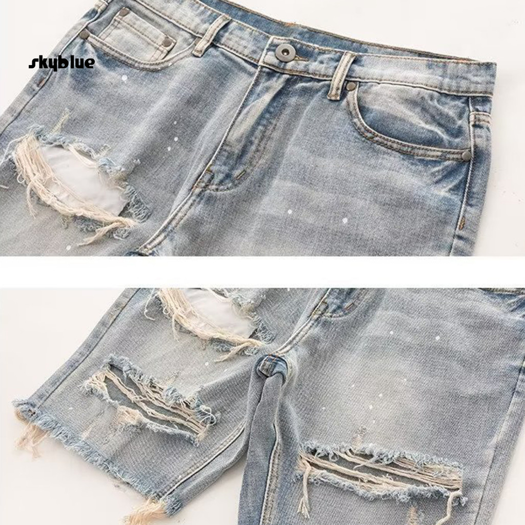 Quần short denim nam rách nhiều túi, dài đầu gối, dáng jean thẳng, phong cách mùa hè