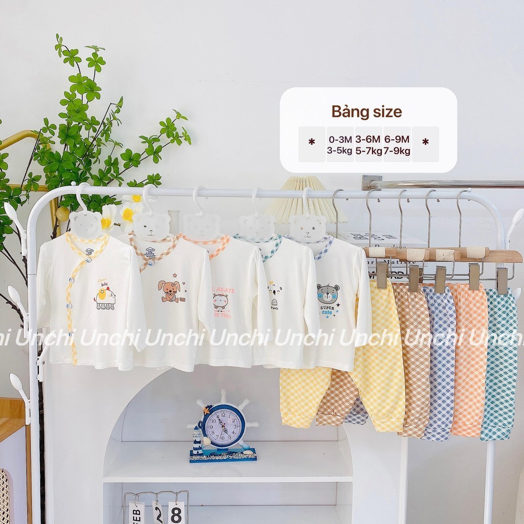 [UNCHI] Bộ dài sơ sinh pettit thiết kế viền chéo kẻ phối quần đáp đũng cho bé từ 4 tới 10kg nhiều màu lựa chọn - HD24