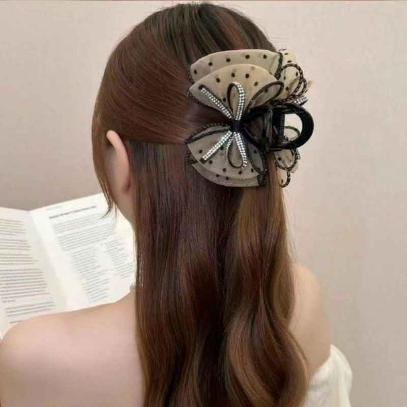​Kẹp cá mập đính kim cương giả Girls Dot Mesh - Móng vuốt tóc bằng nhựa dành cho nữ ​- Thời trang Hàn Quốc Vintage Elegant - Kẹp tóc nơ ren sáng bóng cho nữ - Phụ kiện tóc phổ biến - Giá đỡ đuôi ngựa