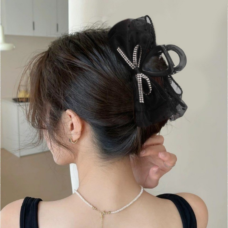 ​Kẹp cá mập đính kim cương giả Girls Dot Mesh - Móng vuốt tóc bằng nhựa dành cho nữ ​- Thời trang Hàn Quốc Vintage Elegant - Kẹp tóc nơ ren sáng bóng cho nữ - Phụ kiện tóc phổ biến - Giá đỡ đuôi ngựa