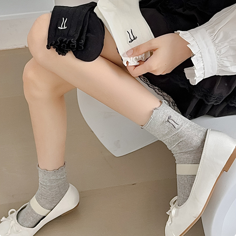 Tất dài thông thường hàng ngày - Tất thêu nơ nữ phong cách múa ba lê - Nhật Bản ngọt ngào dễ thương JK Lolita - Siêu mỏng, thoải mái, thoáng khí - Tất ống giữa lưới rỗng mùa hè cho bé gái