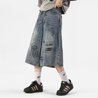 Gksss Nam Phố retro graffiti Nhật Bản Quần short denim dáng rộng giản dị thẳng ống rộng quần crop