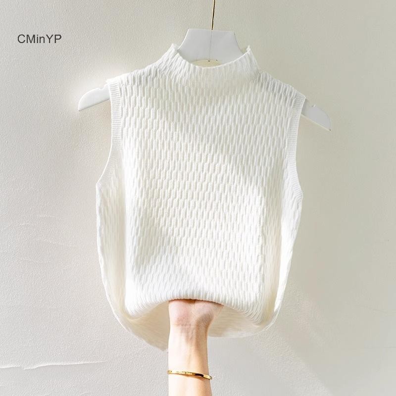 Cminyp Mùa Hè Hàn Quốc Nửa Cổ Cao Cổ Dệt Kim Áo Vest Nữ Màu Trơn Không Tay Slim Tank Top Glory