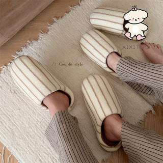 Xixitiao Độc Đáo Sáng Tạo Sọc Cặp Đôi Thu Đông Dép Cotton Thường Ngày Màu Nhà Phù Hợp Giữ Ấm