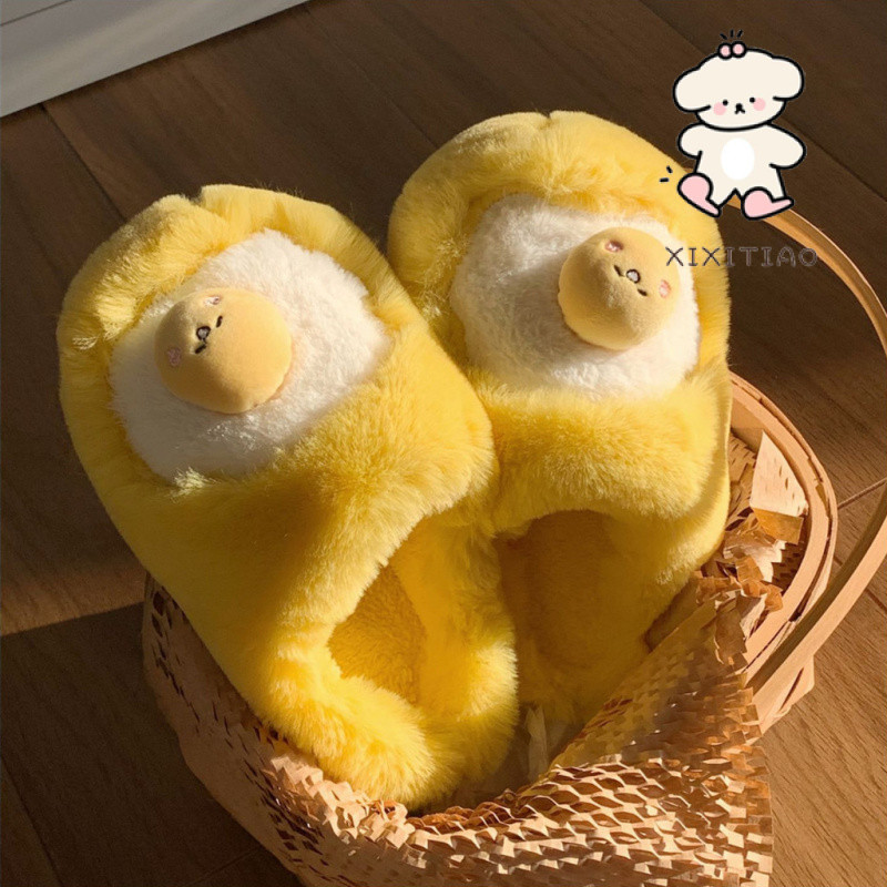 Xixitiao Cotton Dép Nữ Thường Ngày Nhà Ấm Sàn Đế Mềm Mại Dễ Thương Màu Vàng Sang Trọng