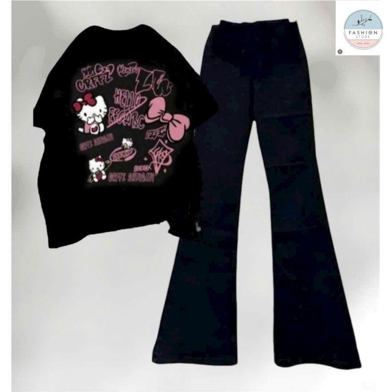 Tổng Hợp Các Sét Quần Ống Rộng + Mix Kèm Áo Phông hình MÈO Hê Lô Kít TYY -quần áo unisex94
