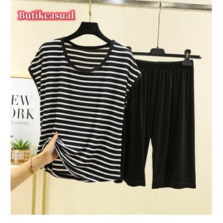 Phụ Nữ Sọc Bộ Rời Mỏng Kích Thước Lớn Thủy Thủ Đoàn Cổ Bộ Đồ Ngủ Mùa Hè Áo Thun Không Tay Quần Bộ